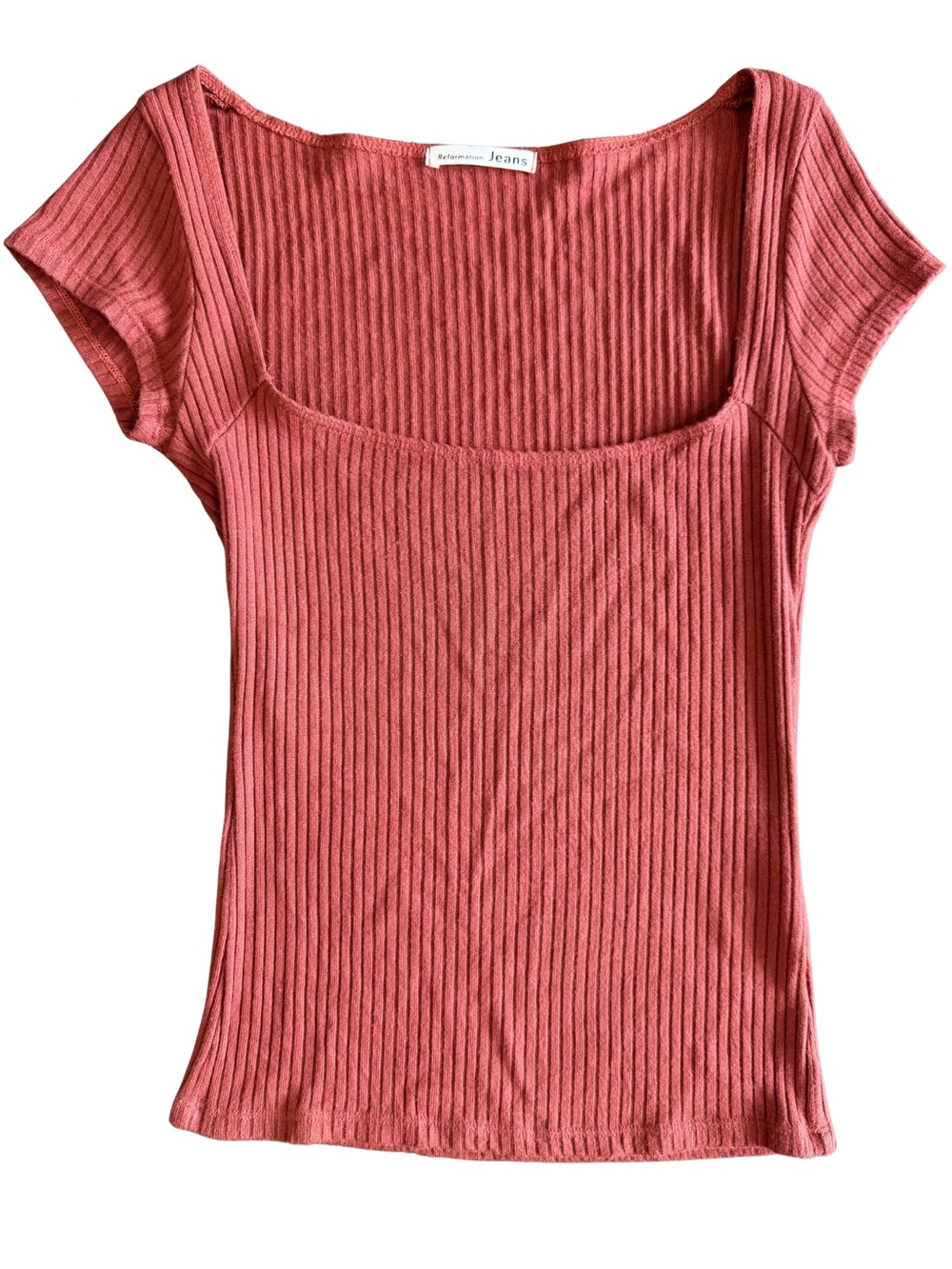Reformation Jeans Ribbed Square Neck Top Small Pink Fitted Stretch Tee